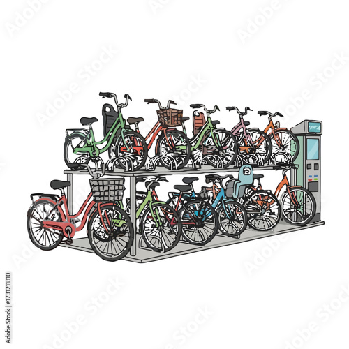 Diverse collection bicycles parked in multilevel rack, showcasing various styles and colors, suggesting bikesharing service or public transport option, isolated on transparent
