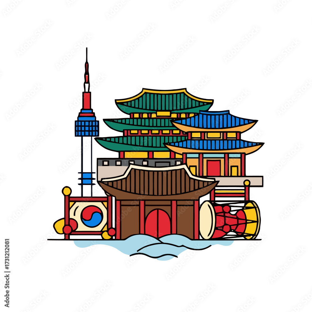 Naklejka premium Stylized korean landmarks including n seoul tower and traditional korean architecture, with drums and taegeuk symbol