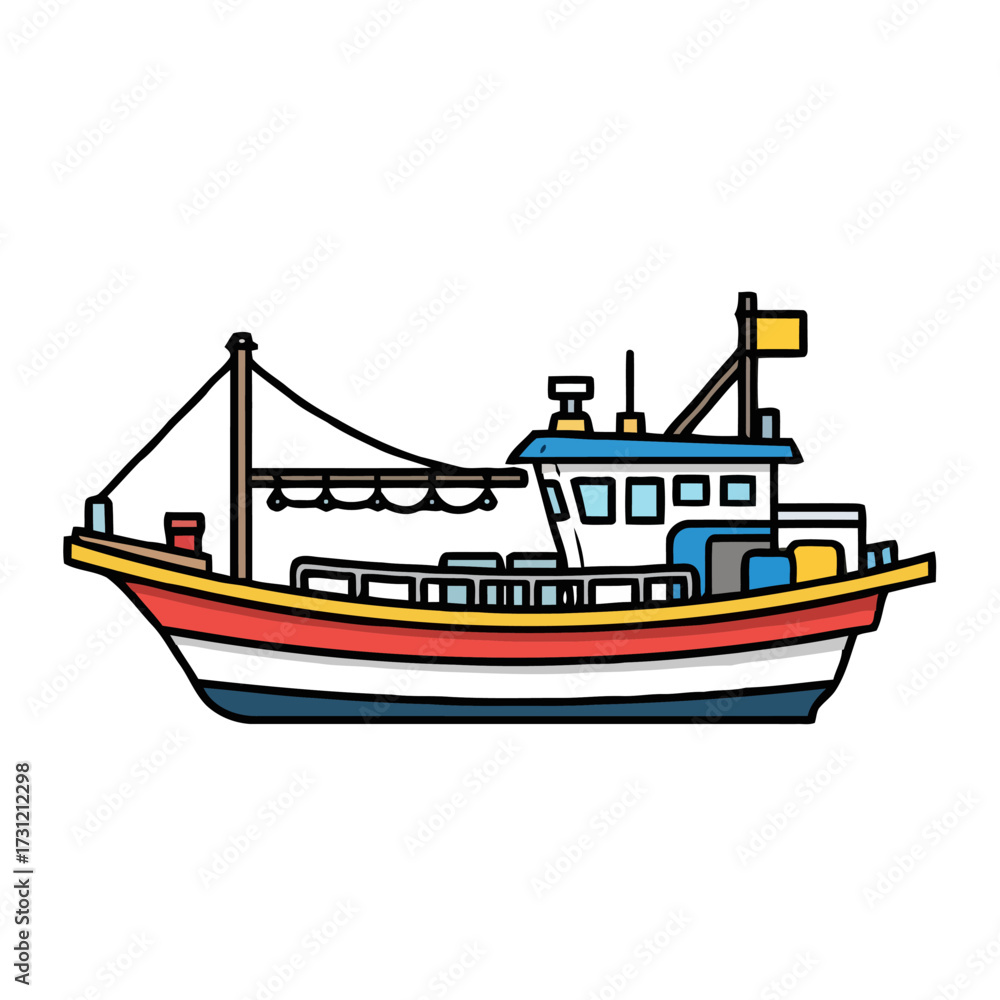 Obraz premium Colorful fishing trawler boat with blue cabin and red and hull sails on the water, equipped with fishing gear and yellow flag, representing maritime industry and livelihood