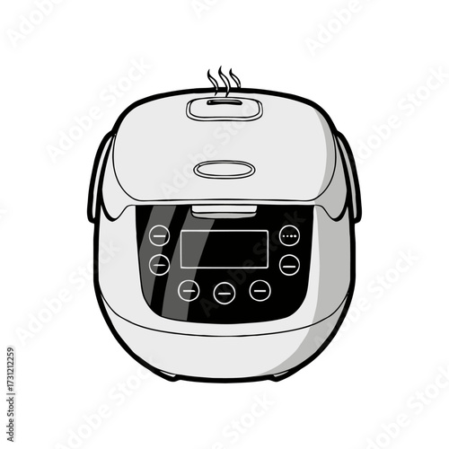 Black and modern rice cooker with steam coming out the top, isolated on transparent