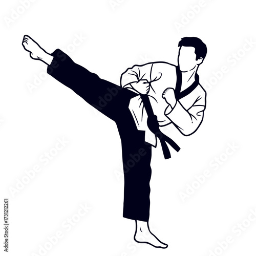 Black and person performing martial arts kick, isolated on transparent