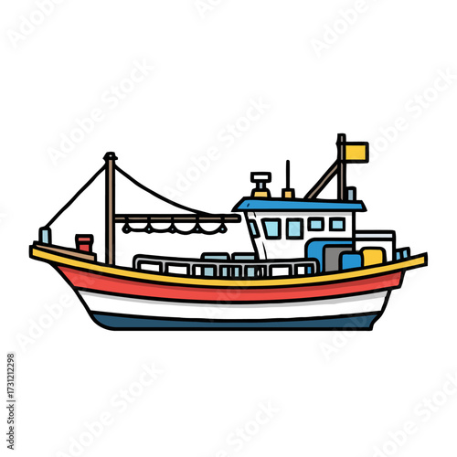 Colorful fishing trawler boat with blue cabin and red and hull sails on the water, equipped with fishing gear and yellow flag, representing maritime industry and livelihood