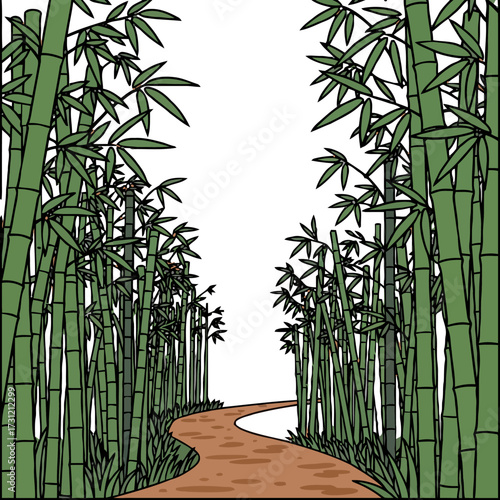 Winding dirt path leads through dense, lush bamboo forest with tall green stalks and vibrant leaves creating natural tunnel, evoking sense tranquility and exploration