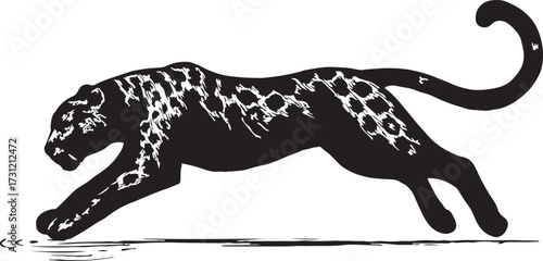 Stylized black panther with spotted fur in a dynamic running pose against a white background evoking power and mystery