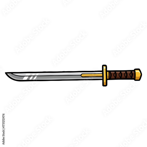 Sharp, stylized katana sword with golden hilt and brown grip, presented horizontally against plain transparent, symbolizing power, combat, and martial arts
