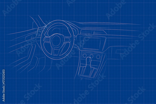 Blueprint sketch of a car's interior dashboard and steering wheel, highlighting automotive design and engineering concepts