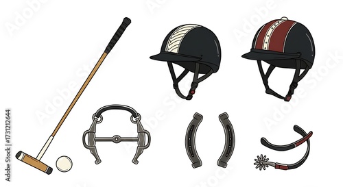 Equestrian equipment collection polo mallet helmets bits and spurs