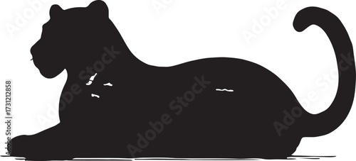 Silhouette of a majestic black panther or wild cat resting gracefully with its tail curled elegantly against a white background