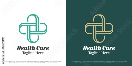 Health care logo design illustration vector. Cross plus pharmacy silhouette. Simple minimalist pharmacy icon symbol.