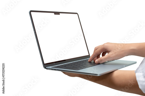 Wallpaper Mural Side view of hands using modern laptop with customizable blank screen. Isolated on transparent PNG. Concept for technology, business, finance and advertising.	 Torontodigital.ca