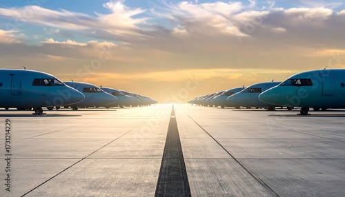 Aircraft Fleet on Runway at Sunrise.