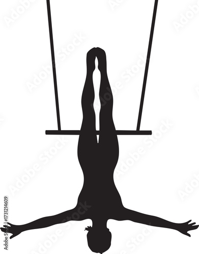 Acrobatic trapeze artist performing a daring upside down pose silhouette isolated on white background