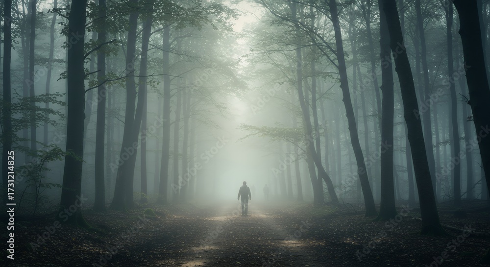 Naklejka premium A dreamlike vision of Hoia Baciu Forest, foggy and surreal with glowing reflections in the air