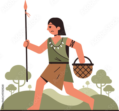 A flat vector illustration of an indigenous or tribal person (hunter-gatherer) in a natural landscape, depicted in a moving or running pose.