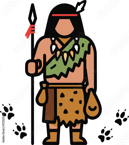A bold flat line vector icon/illustration of a tribal or indigenous hunter/warrior figure, standing and holding a spear.
