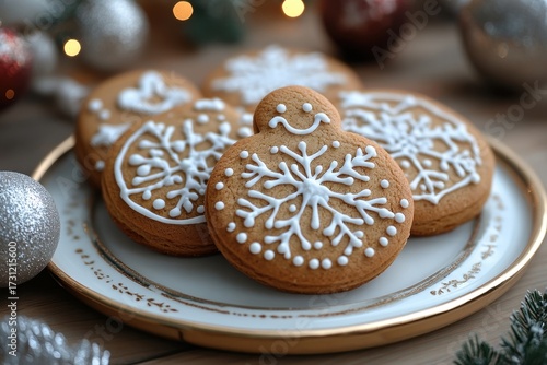 Ginger cookies with white icing on a plate.
