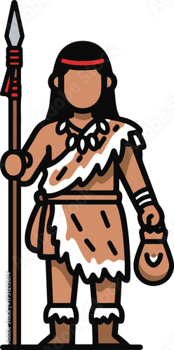 A bold flat line vector icon/illustration of a tribal or indigenous person (hunter-gatherer), standing and holding a spear in one hand and a pouch or bag in the other. 