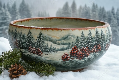 Christmas scene painted on bowl.