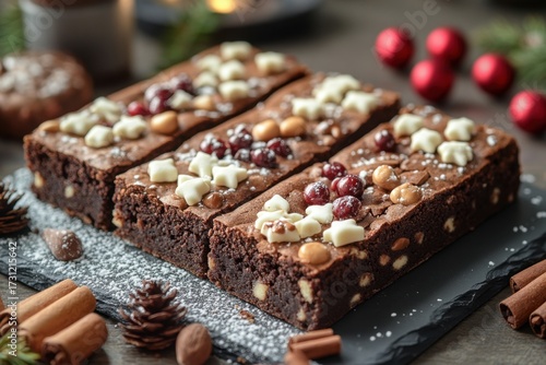 Chocolate brownies topped with cranberries and nuts.