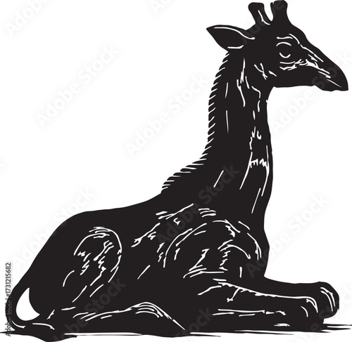 Stylized silhouette of a giraffe resting on its side with detailed texture and artistic sketch style