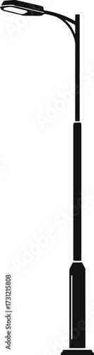 A bold black and white vector silhouette of a tall, modern street lamp or LED light pole. 