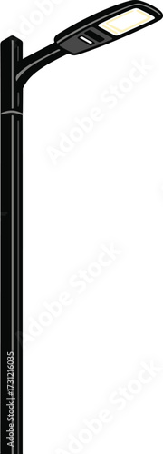 A bold black and white vector silhouette of a tall, modern street lamp or LED light pole. 