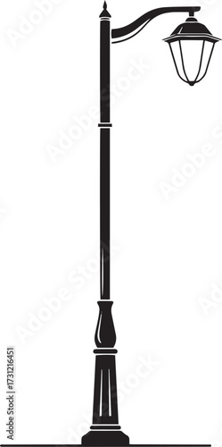 A detailed black and white vector silhouette of a tall, ornate street lamp or park light. 