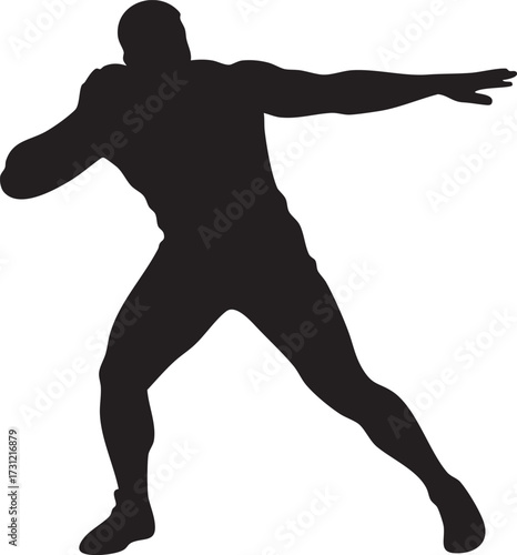 Athletic male silhouette in a dynamic throwing pose isolated on white background