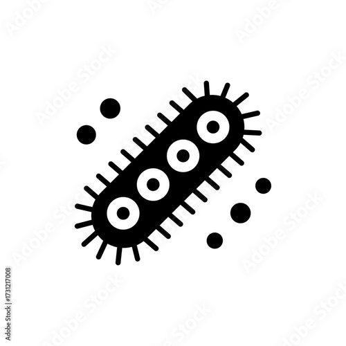 Stylized black and white icon of a bacterium with flagella
