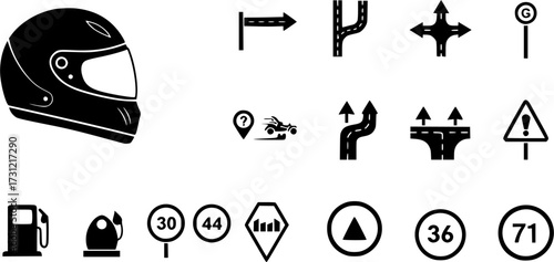 Motorcycle icons featuring helmet and road symbols
