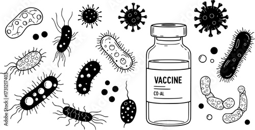 Colorful microorganisms and vaccine vial illustrations
