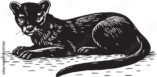 A striking black panther illustration in a woodcut style lying down with its tail curled gracefully
