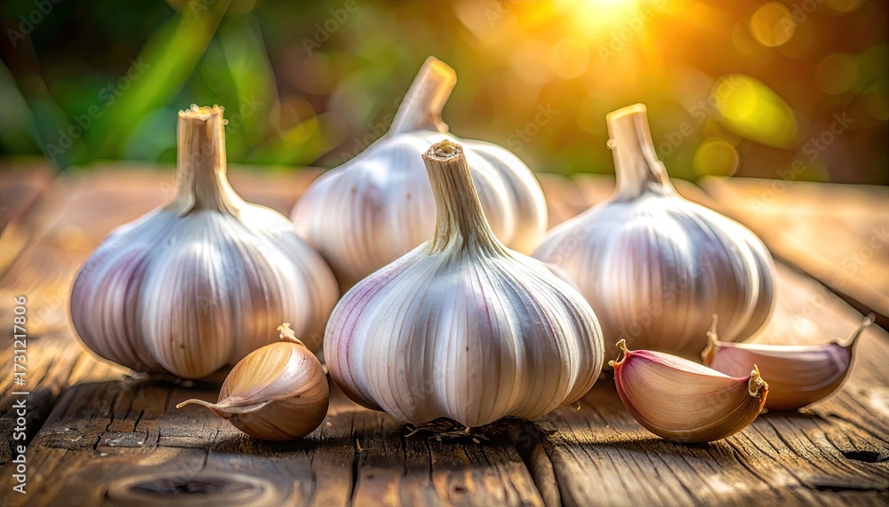 Obraz premium Close Up of Whole Garlic Bulbs and Cloves on Weathered Wooden Surface with a Soft Bokeh Background Under Bright Sunlight