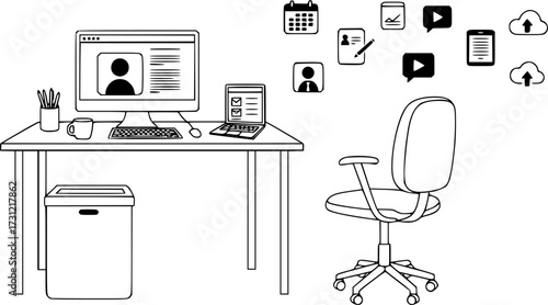 Home office setup: desk, chair, computer, keyboard icons for remote work

