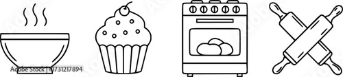 Baking icon set: bowl oven cupcake rolling pin line art for kitchen themes
