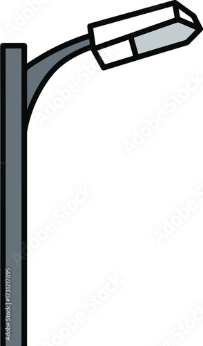 A modern, sleek street light featuring a tall, slender black or gray pole and a sharply angled arm holding a rectangular LED light fixture. 