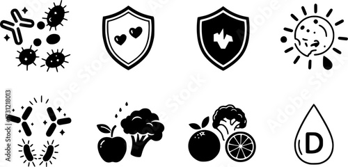 Health symbols including immune support, shield, healthy food, and vitamin d
