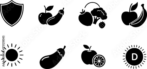 Health symbols including immune support, shield, healthy food, and vitamin d
