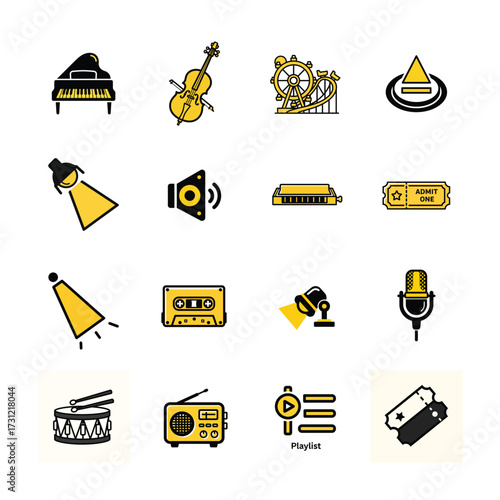 Duotone music icons featuring instruments and audio equipment for creative projects