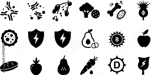 Health symbols including immune support, shield, healthy food, and vitamin d
