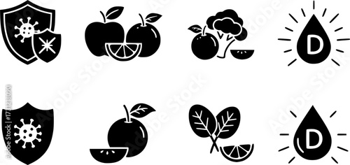 Health symbols including immune support, shield, healthy food, and vitamin d
