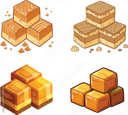 Delicious Caramel Candy Cubes – Sweet Dessert Illustration for Graphic Design. 