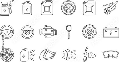 Outline icons of gas station equipment and car elements
