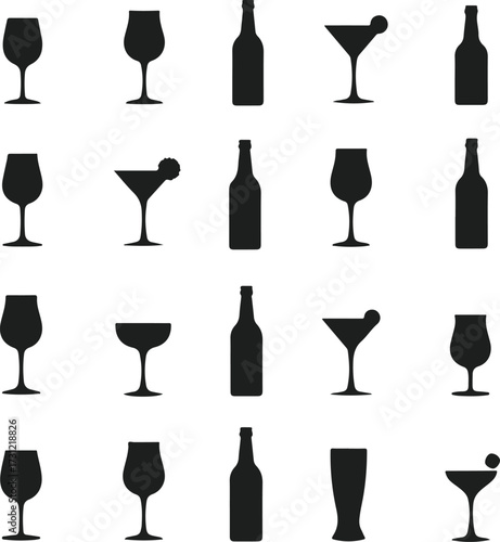 Collection of various black silhouette of wine glasses and bottles isolated on white background