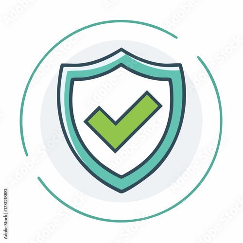 A shield emblem with a green checkmark symbolizing security, protection, and verified status, enclosed by a segmented circular line