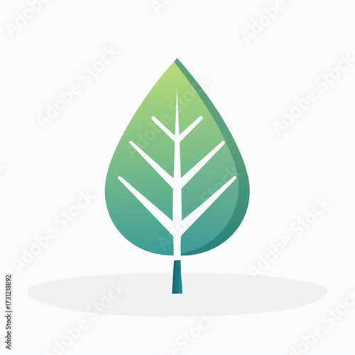 A stylized green leaf with a white vein pattern and a small stem, featuring a gradient from light green to teal