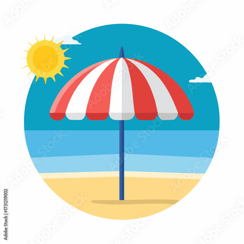 Red and white striped beach umbrella standing upright on sandy shore with calm blue ocean and bright sun in a clear sky
