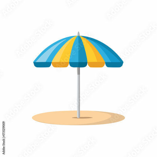 A colorful beach umbrella with alternating blue and yellow panels stands upright, casting a small shadow on the sandy surface below