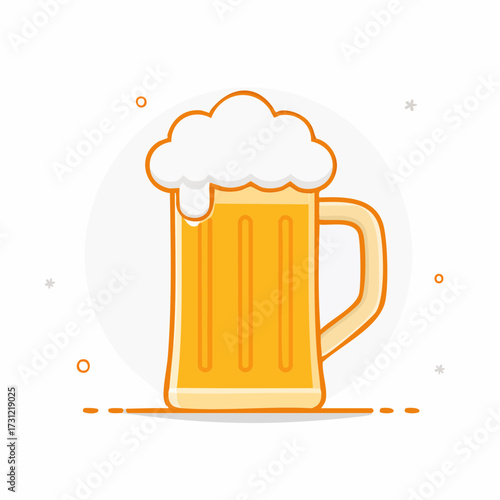 A filled beer mug with frothy foam on top, featuring an orange outline and a handle on the side, illustrated in a simple and clean style