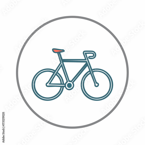 Minimalist line art illustration of a bicycle with a red saddle inside a grey circular border